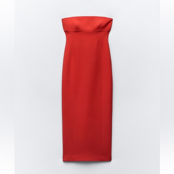 Last one ๐จ Zara Red Fitted Strapless Bodycon Midi Dress stretchy back Slit NWT - Picture 7 of 16